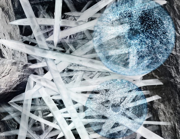 Close-up illustration of crystalline technology reacting within concrete, forming needle-like structures that seal cracks and pores to prevent water infiltration.